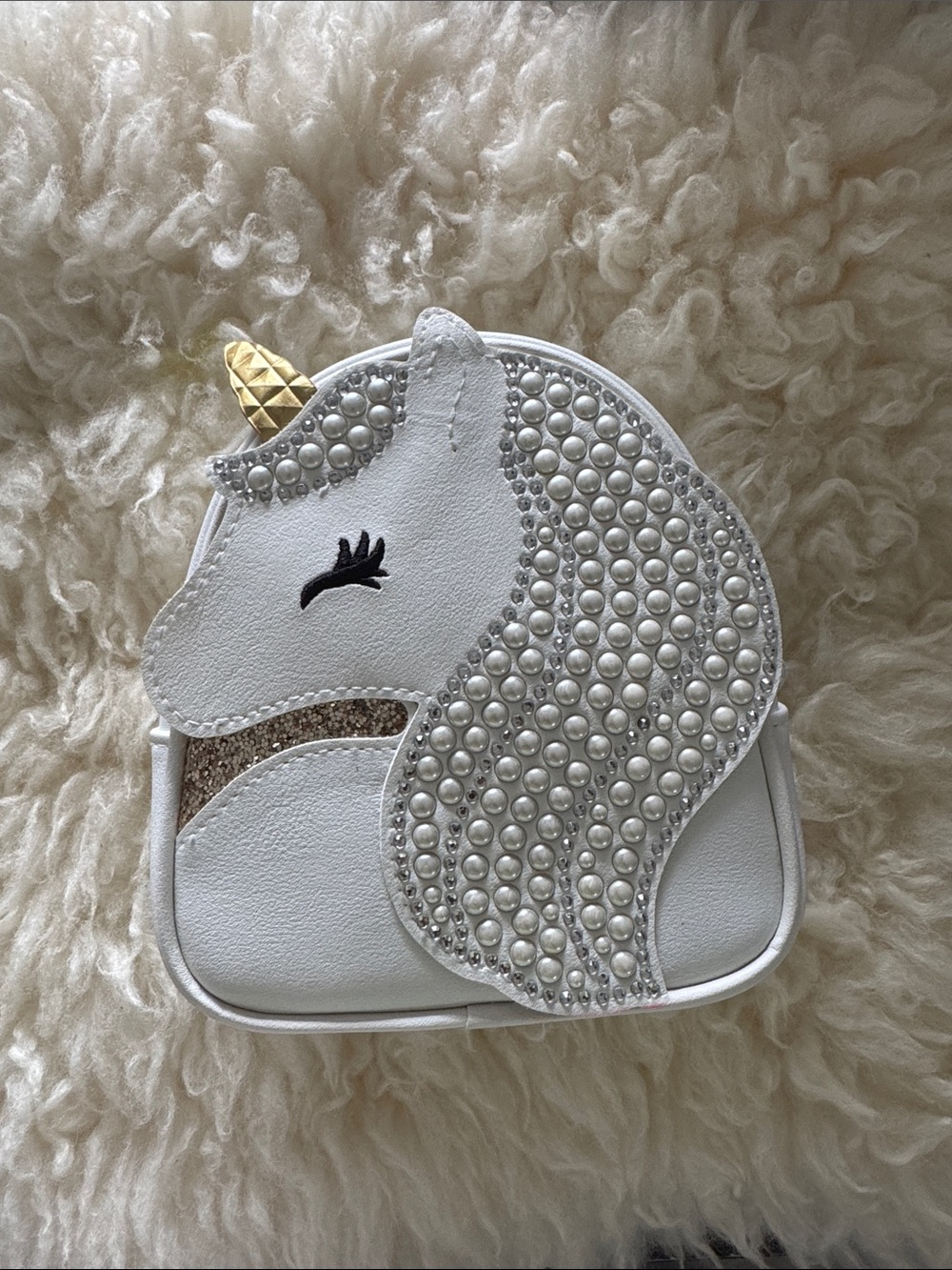New BBW White Pearl Bedazzled Mini Unicorn Purse Crossbody Bag